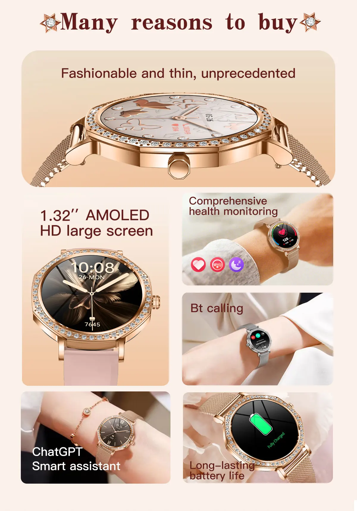 product ultra thin women smart watch heart rate recording fitness exercise modes gps tracking support ai voice blood oxygen monitoring-2