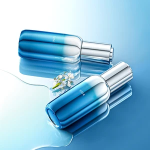 Premium Custom Silver to Blue Gradient Electroplated 30ml Curved Shoulder Glass Bottle with Silver Push Dropper