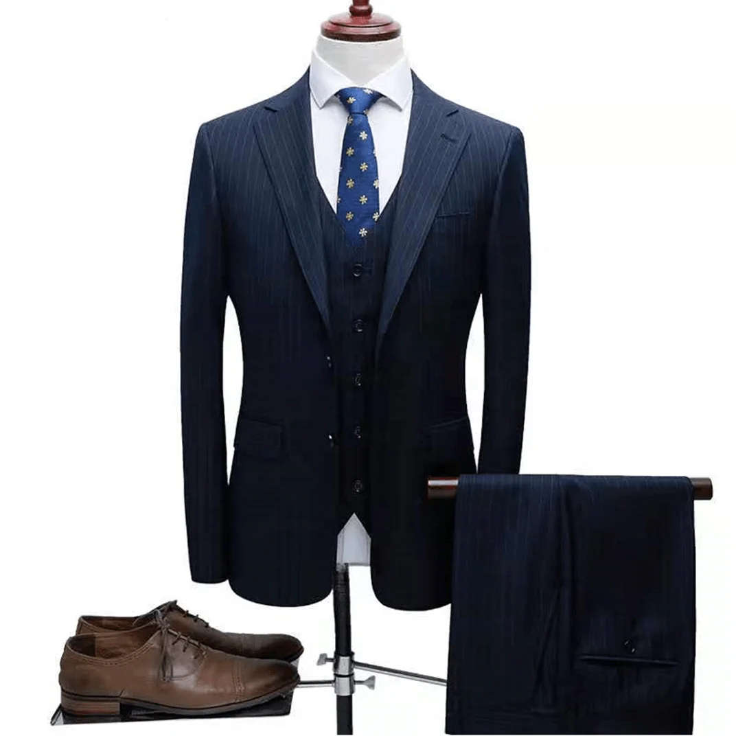 3-piece Dark Blue Stripe Coat Pant Designs for Men's Suits