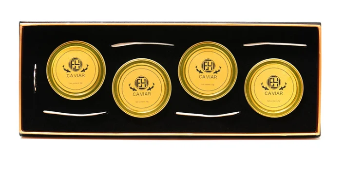 Wholesale metal 50g gold round empty caviar tin box spoon custom caviar tins can for caviar packing with tin lid manufacture