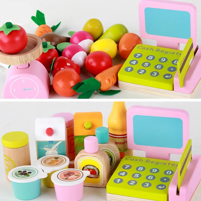 Wooden Pretend Play Supermarket Cash Register Toy Stem Educational Toys