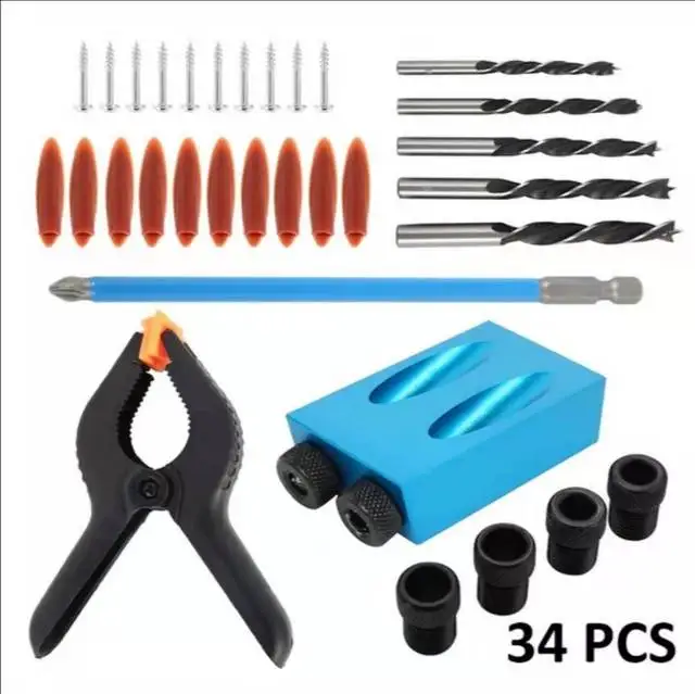 Pocket Hole Jig Kit Woodworking Set Tool Drill Guide Oblique 15° Angle Locator 