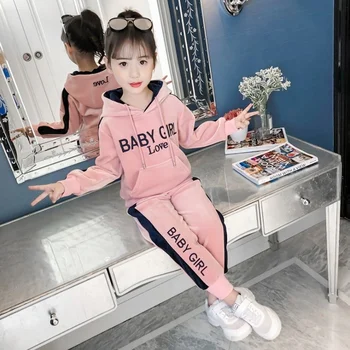 Wholesale Girls Clothes 3 to 12 Years Winter Villus High Quality Hoodie and Trousers Children Girls Clothing Sets