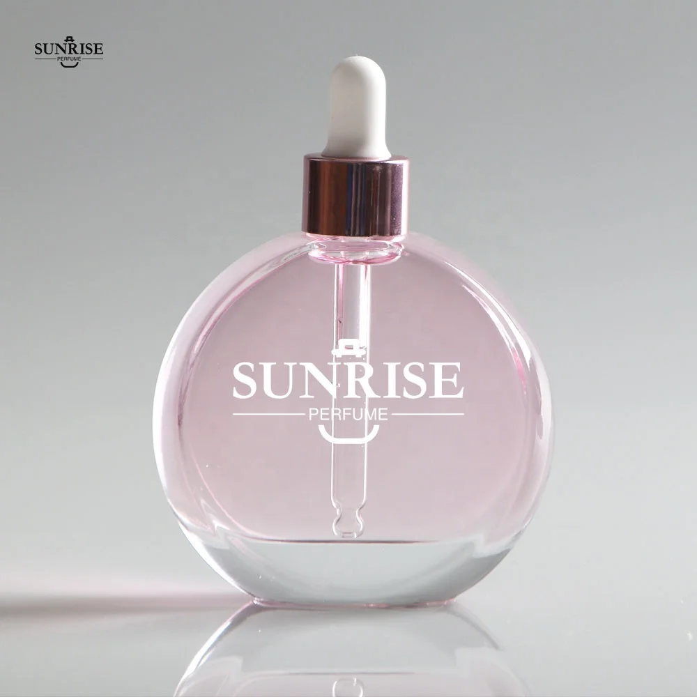 1000pcs Custom Design Offered 2OZ 50ml 60ml Flat Round Shape Glass  Essential Oil Bottle Serum Bottle with Dropper Box