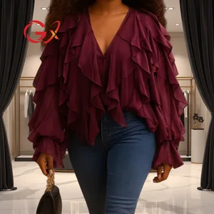 GX6063 Fashion 2026 Spring Clothing Vendor Ruffled Blouse Women Causal Street Wear V-Neck Tops Lady Long Sleeve Shirt