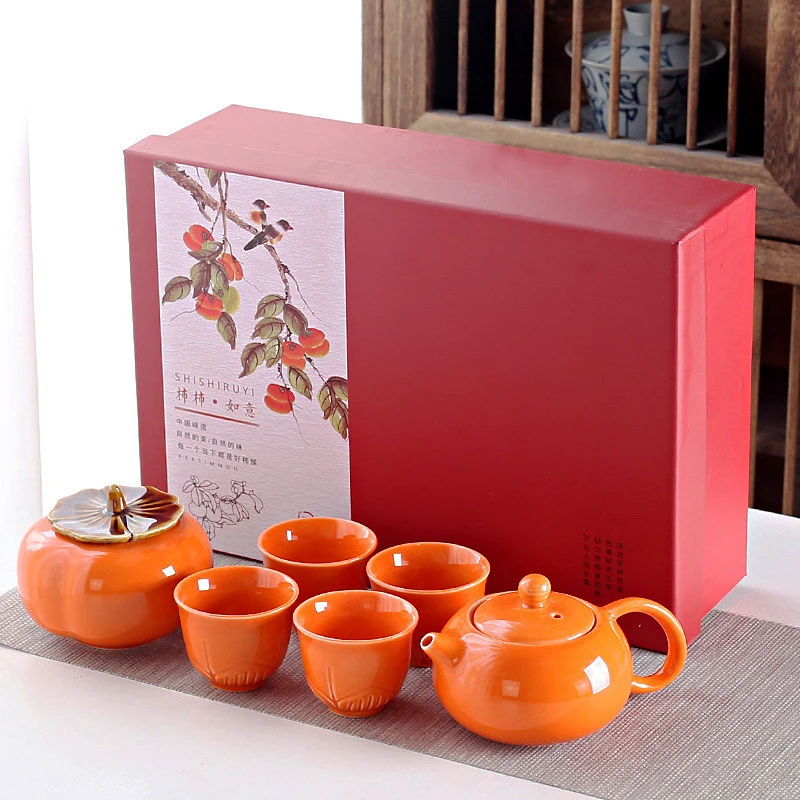 Persimmon Ruyi Tea Set Box Packaging Customized Logo Corrugated Mailing Pit Box Complete Set Pottery Porcelain Gift Drawer Box