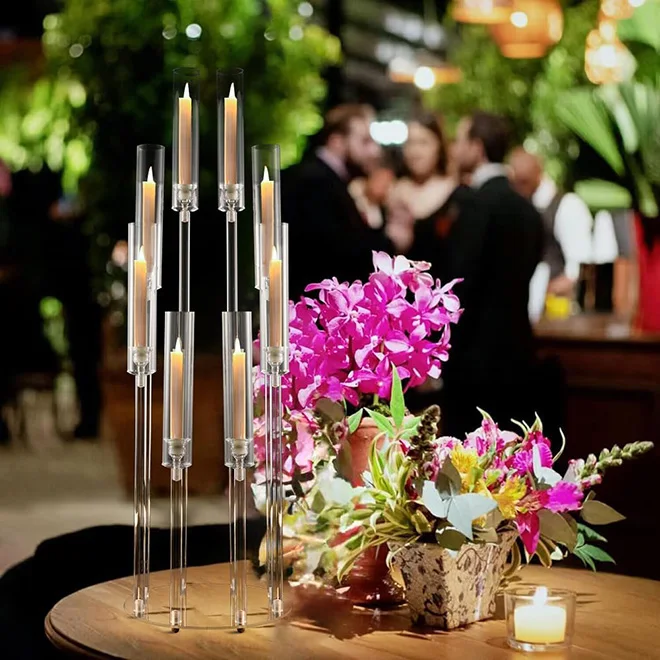Centre De Table Acrylique 95 Cm – Candélabre 6 Bras Transparent Pour Bougies LED, Mariage, Fête, Événement
