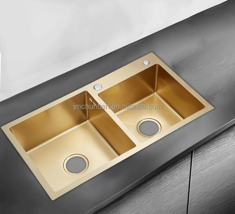 Pvd Gold Color Handmade Stainless Steel Double Bowl Kitchen Sink 78x43 ...