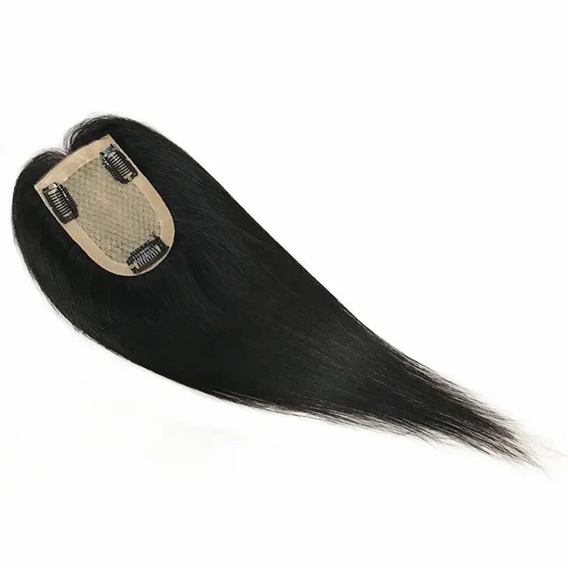 Topper per capelli umani vergini in seta fatto a mano con base in seta per donne, cuoio capelluto naturale, con clip, capelli lisci_voghion.com