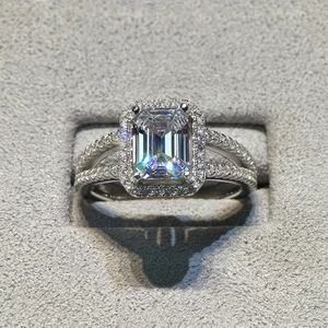 Forever Star YR-0130-MS 925 Silver Women's Lab Diamond Ring D Color 2 Karat Emerald Cut 6*8 Long Surround Rhodium Plated Third