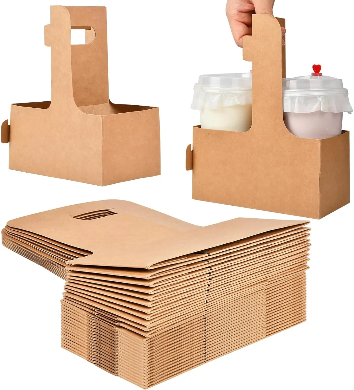 2-Cup Kraft Paper board Disposable Drink Carrier with Handle for Drinkware Use