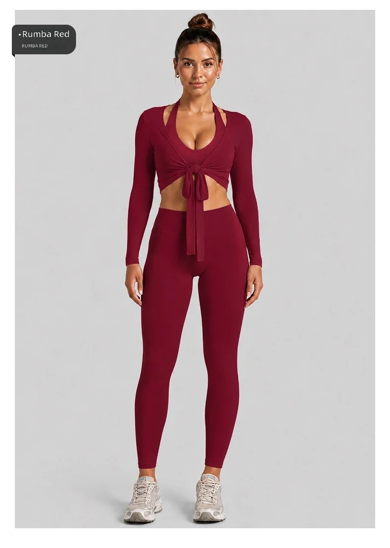 Quick Dry 3 Piece Yoga Set Halter Sports Tank Tie Front Long Sleeve Shrug High Waist Biker Shorts 4 Way Stretch — detail