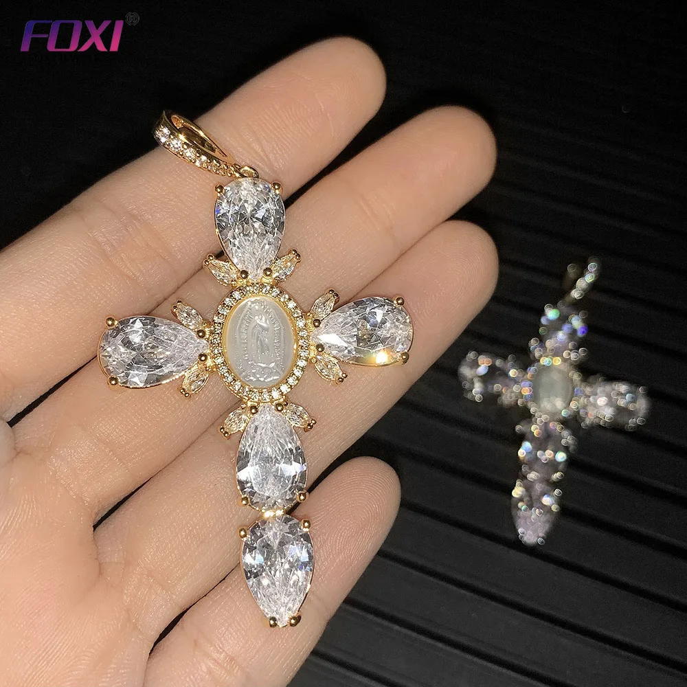 For Foxi Silver Gold Plated Virgin Mary Shell Necklace Custom Logo Religious Cross Jewellery with Zircon Brass As Main Ston