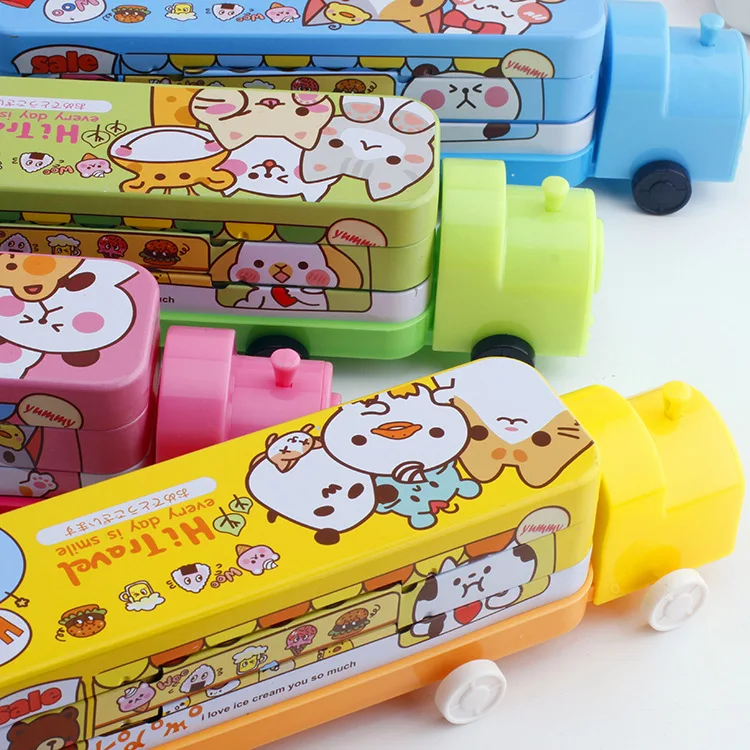 New Creative Multi-functional 3D Cartoon Kid Cute Cars Pencil Box Train Shape Double Layers Stationery Box