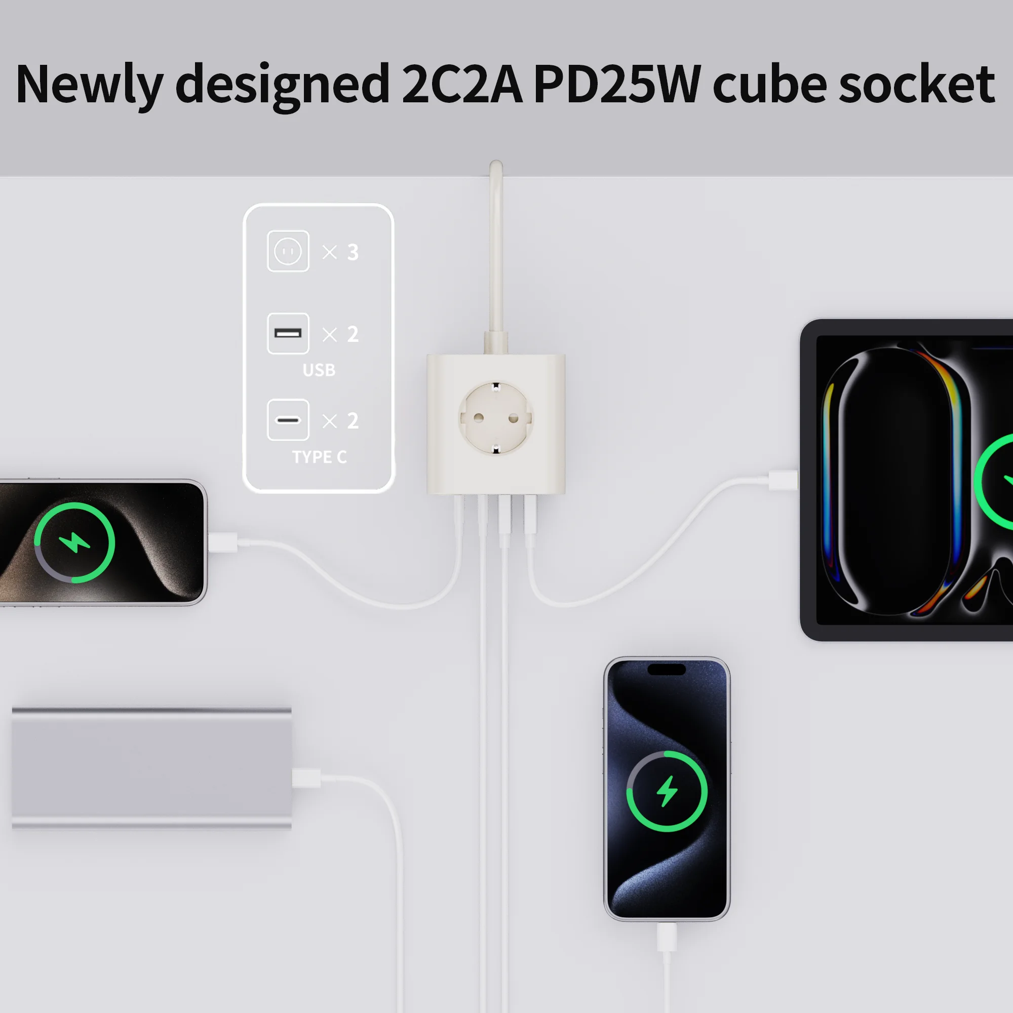 KC Portable Cube Power Socket EU Standard Smart Plug with 3 AC Outlets 2 USB and 2 TYPE-C 16A Rated Current 1.4M Cable