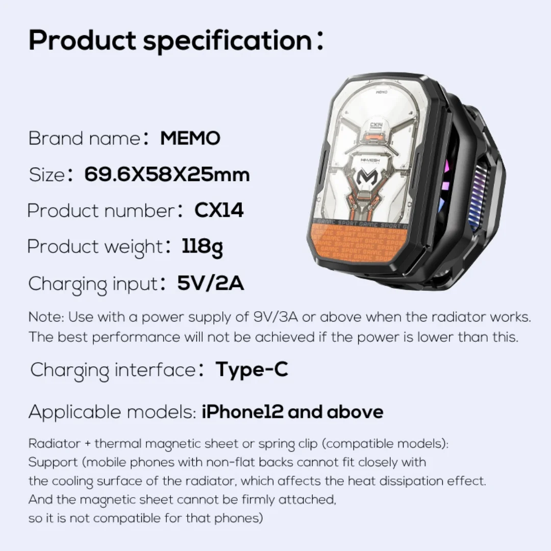 MEMO CX14 Black 2000mAh Battery Frozen Mobile Phone Cooler Lightest Weight 64g Gaming Cooler for Phone