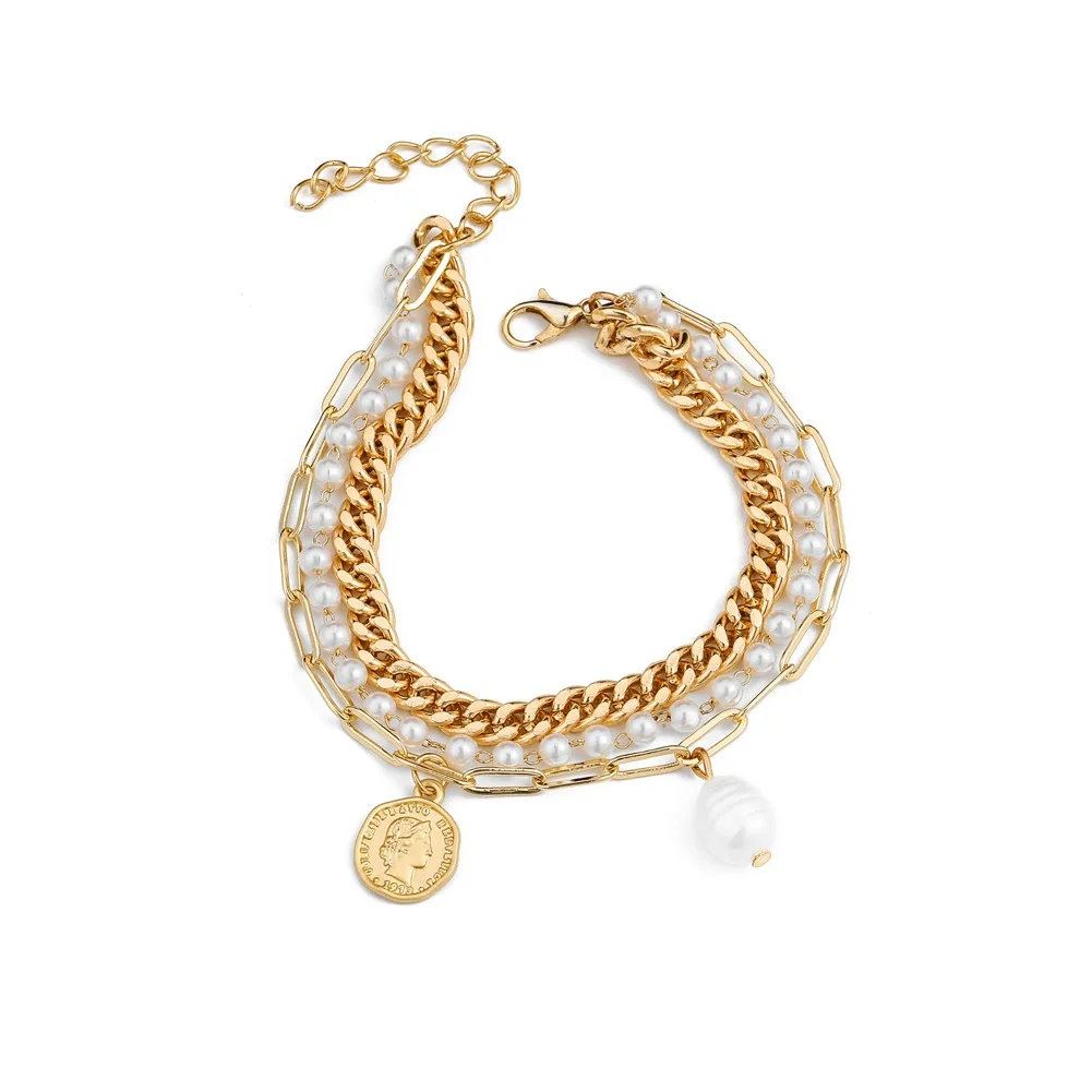 New Bohemia Round Imitation Pearl Coin Pendant Bracelet Bangle Women Punk Carved Coin Letter Thick Chain Bracelets New Year Gift