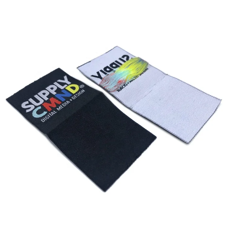 Private Custom Brand Name Logo Flag Woven Hem Label Tags With Center Loop Fold