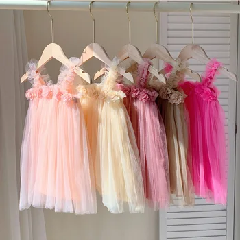 Flower sweet girls' mesh skirt 2024 Summer beach dress with suspenders baby girl princess skirt pettiskirt