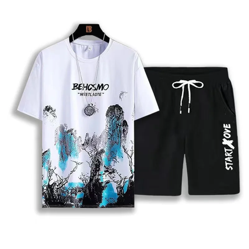 Men's Summer Short Sports Suit Casual Short Sleeve Men's T-shirt Shorts ...