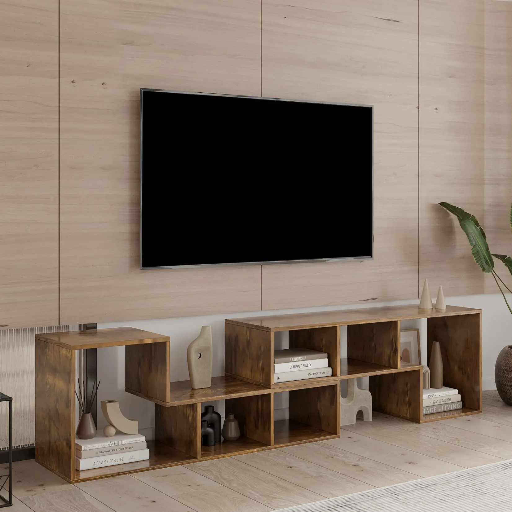 Modern L-Shaped TV Stand with Open Storage Shelves - Rustic Brown