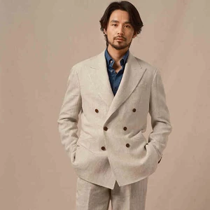 100% French Normandy Linen Italian Naples Double Breasted Thin Suit for Men Spring/Summer Casual Suit Set