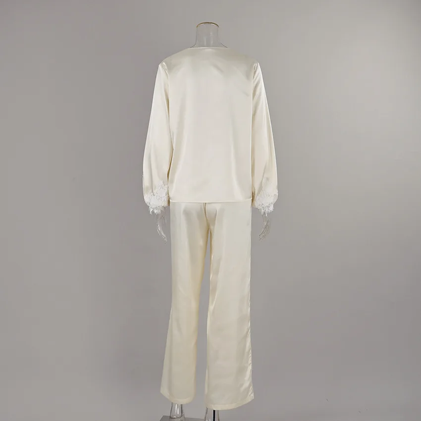 Women Satin Pajama Set Lace Trim Tie Front Long Sleeve Full Length Pants Breathable Sleepwear — detail