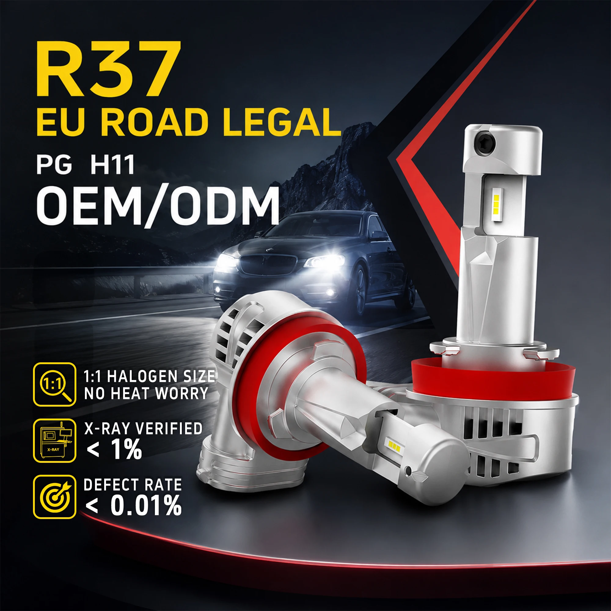 Factory Direct PG LED Headlight Bulb 18W 1800LM Compact Size H4 H7 H11 HB3 HB4 Under ECE R37 with Custom Packaging Options