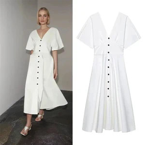 ZYHT 73961 Customize New Summer Collection White Short Sleeve Deep V Neck Button Midi Women Casual Dress T-Shirt Dress
