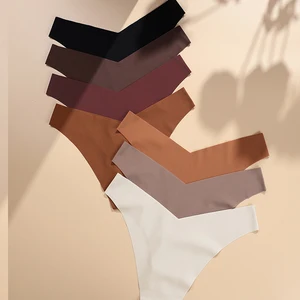 BOJIN Women's XL Low-Rise Traceless Panties Ice Silk Tanga Solid V-Shaped Seamless T-Back Thong Comfortable and Rise Type