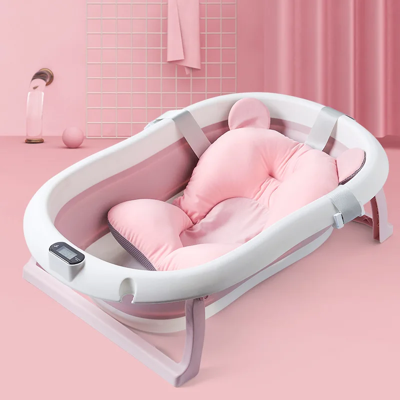 UNCHAIN Portable Foldable Baby Pet Bathtub Non Toxic Bath Tub with Adjustable Safety Bath Seat Support Mat Newborn Infant Bathtub Set Lightweight Shower Bed Blue 