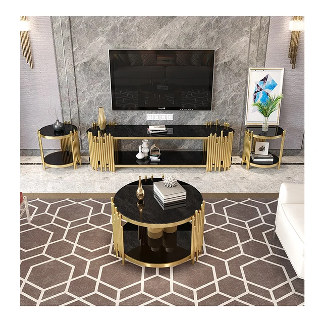 Round Coffee Table with golden Stainless Steel Base glass TOP Modern Coffee Table set for home tv stand and coffee table set