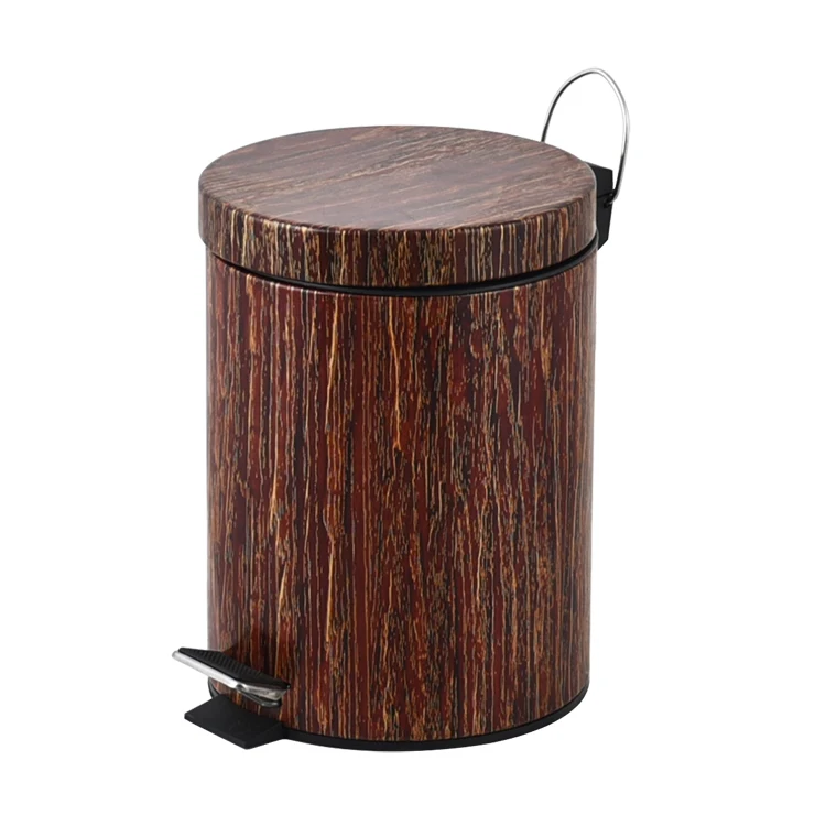 Metal trash can with wood grain step foot pedal kitchen dust bin