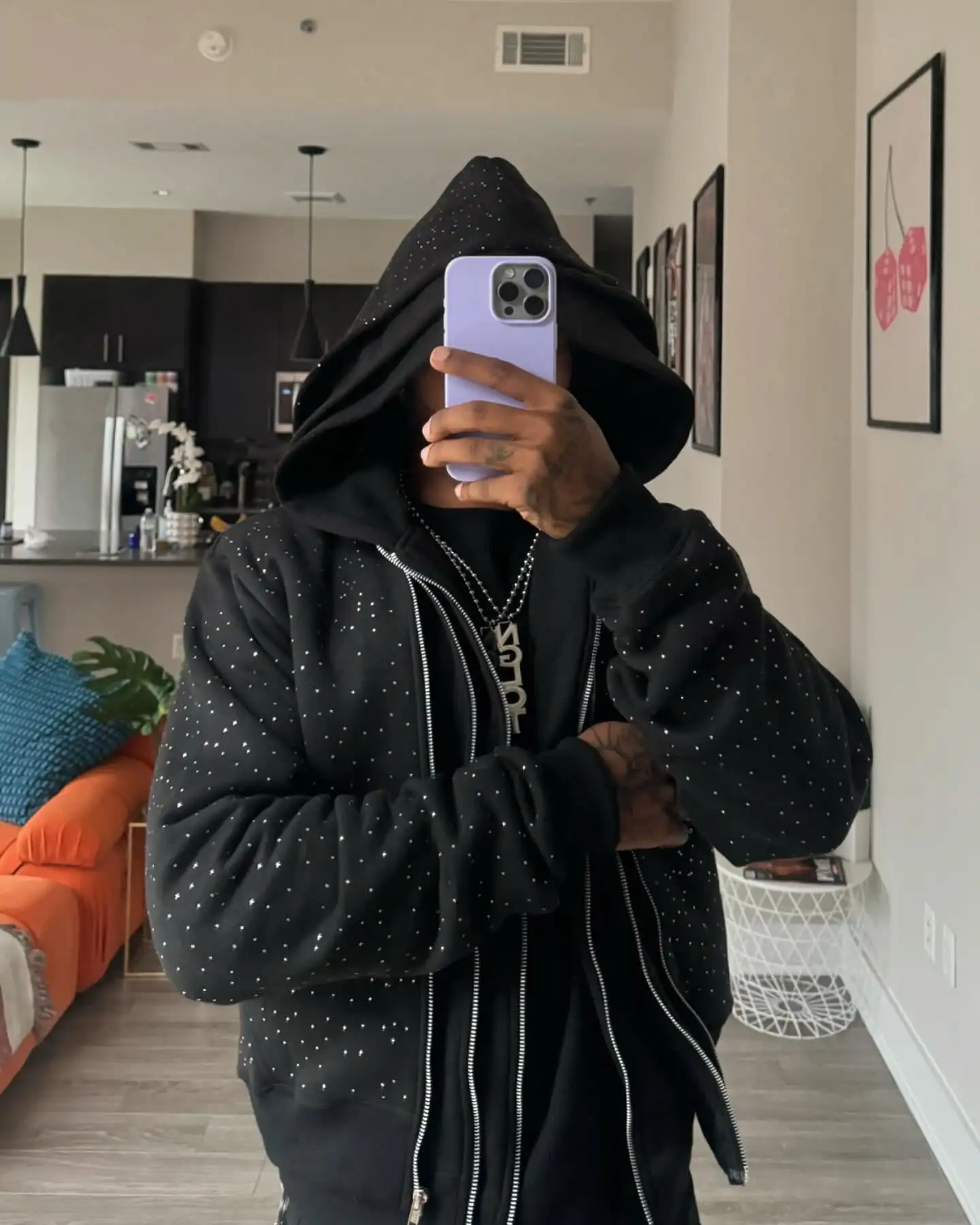 Salati Clothing Manufacture Three Layer Hoodie Diamond Quarter Zip Cropped Acid Wash Rhinestone Men's Hoodie Sweatshirt gallery 3