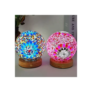 China Wholesale Night Light Decoration Creative Handmade Solid Wood Base Glass Patch Mosaic Bohemian Style Night Light