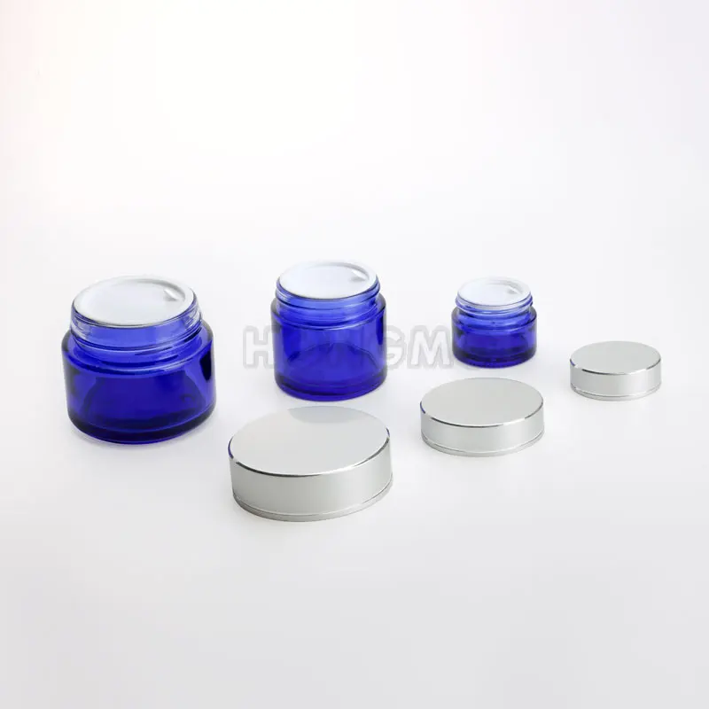 15ml 30ml 50ml Cobalt Blue Jar 2 oz 60ml 100 ml Glass Jars With Matte Silver Metal Lids for Cosmetic Cream Packaging