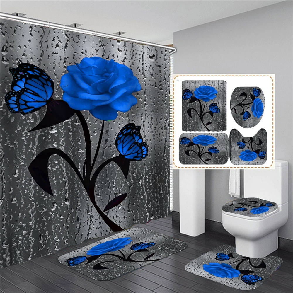 Sale Wholesale Hot Hd Digital Printing Polyester Waterproof Bathroom Hotel Shower Curtain Flower Four-Piece Set High Qualit