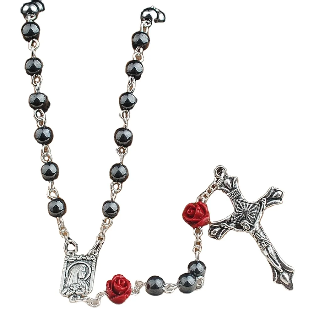 6mm Hematite Round Beads With 8mm Coral Rose Beads Catholic Rosary With