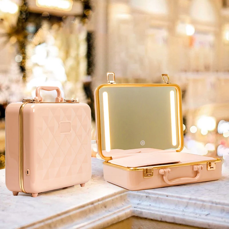 Vanity Box Portable with Light and Mirror 12-inch Tempered Mirror Small Large-capacity Makeup case Cosmetic Bag