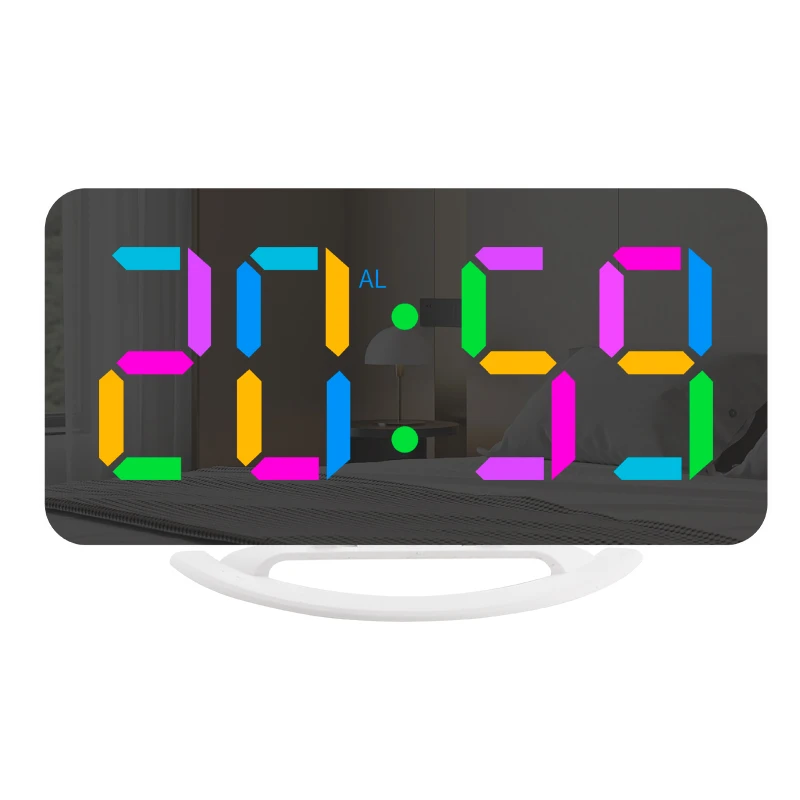 Big Display Digital Clock RGB Color Font with Two USB Ports Charging Travel LED Mirror Alarm Clock for Bedside