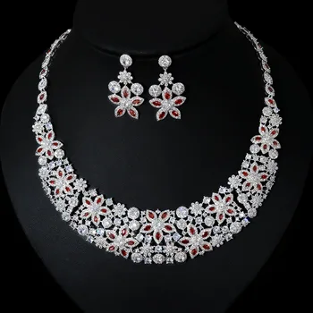 Luxury Flower Drop Zircon Women Party Costume Wholesale Multi Color Rhinestone Necklace Set Jewelry Sets For Brides Wedding