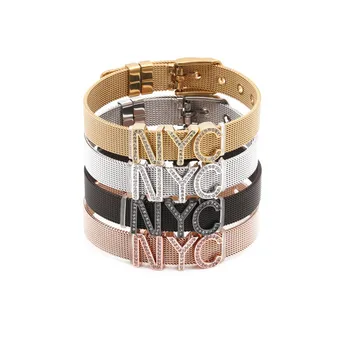 New Fashion Jewelry Silver Adjustable Stainless Steel Bangle Mesh Slider Letter NYC Charms bracelet for USA