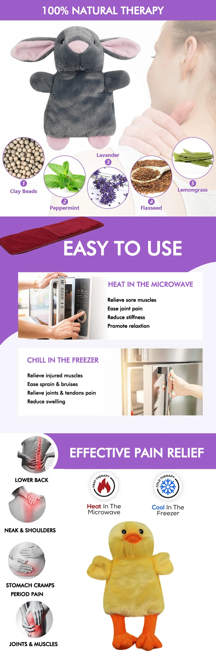 cute animal shape portable microwavable period cramp heating pad stuffed animal wheat bag heat pack with washable bag