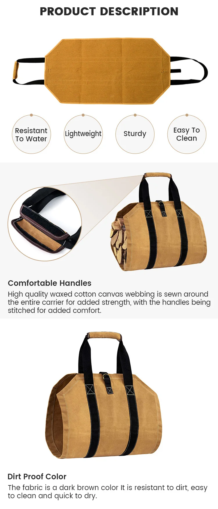 Waxed Canvas Log Firewood Carrier Tote Bag Fireplace Firewood Carriers