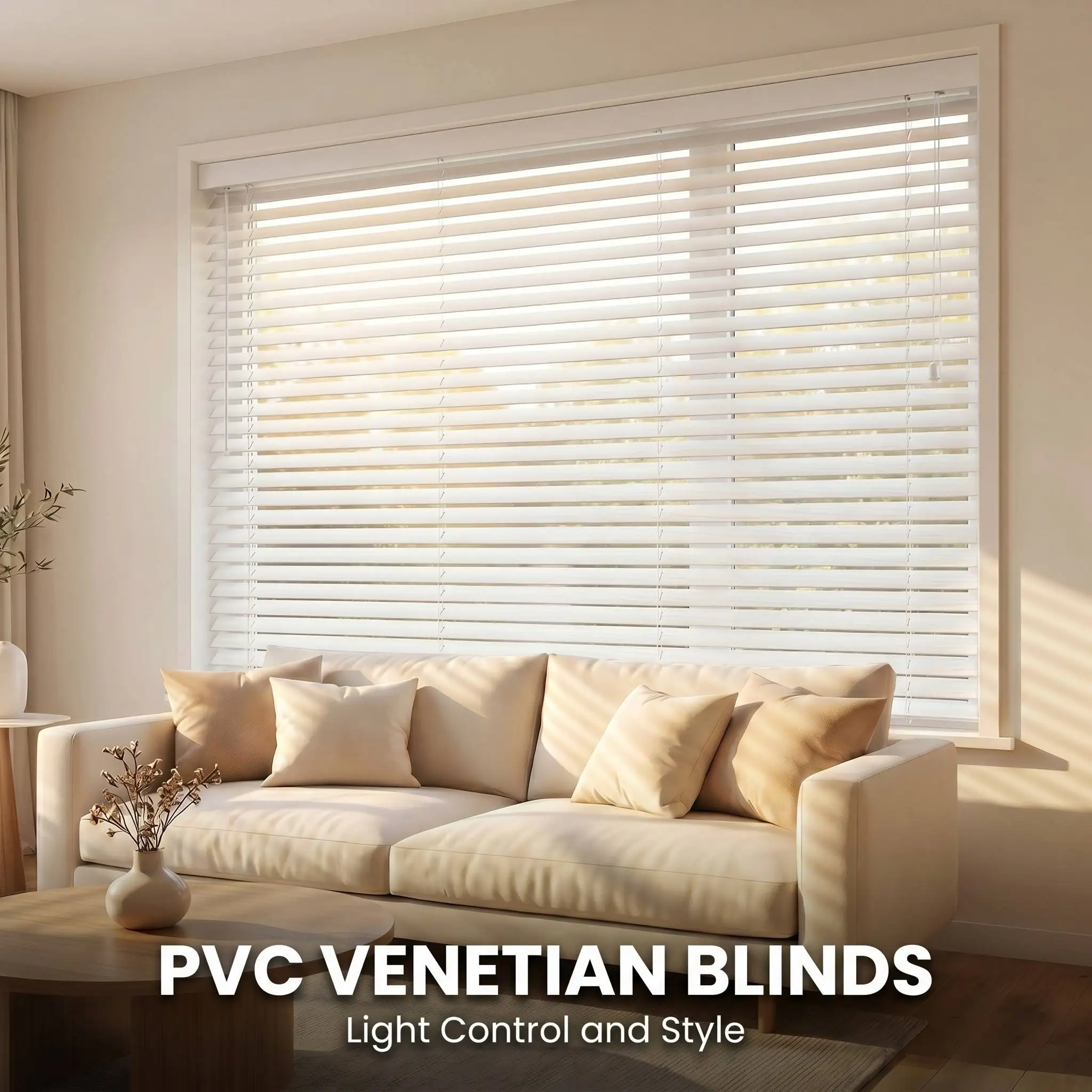 PVC Venetian Blinds 50mm Painted Color Cord System Built-In Glare Control UV Blocking Custom Width Height OEM Factory Every Day