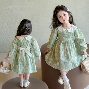 Autumn Children's Girls Dress Charming Peter Pan Collar Smocked Bodice Vibrant Floral Pattern Lace Waist Bow Clothes for Kids