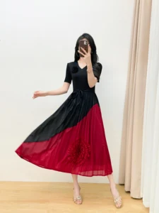 Women's V-neck Multi-color Pleated Dress in Mid-length with Petal Decorations - Large Size Women's Clothing