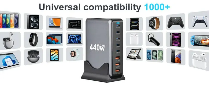 440W GaN台式充电器8端口USB C型PD 100W快速集线器充电器3.0 USB C型手机440W USB电源充电器站