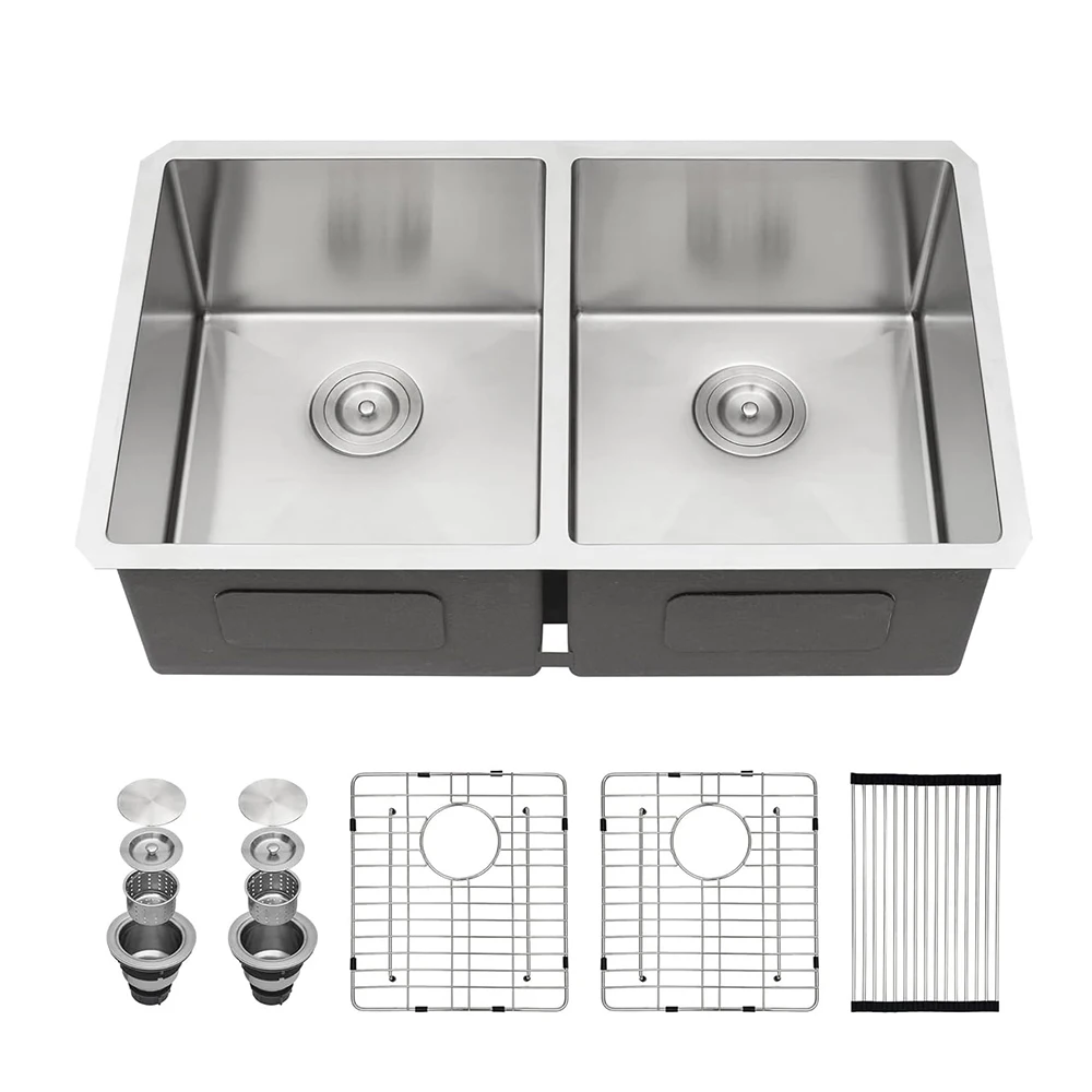 33 Undermount Sink Double Bowl Kitchen Sink Stainless Steel 16 Gauge Round Corner Double Bowl 50/50 Sink Basin