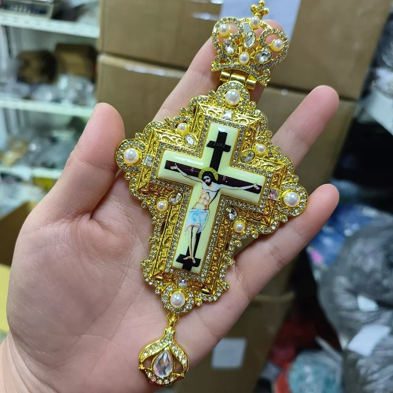 ZD041 18k Gold Plated Orthodox Church Priest's Pectoral Cross Necklace with  Customized Stones Color and Red PU Gift Box
